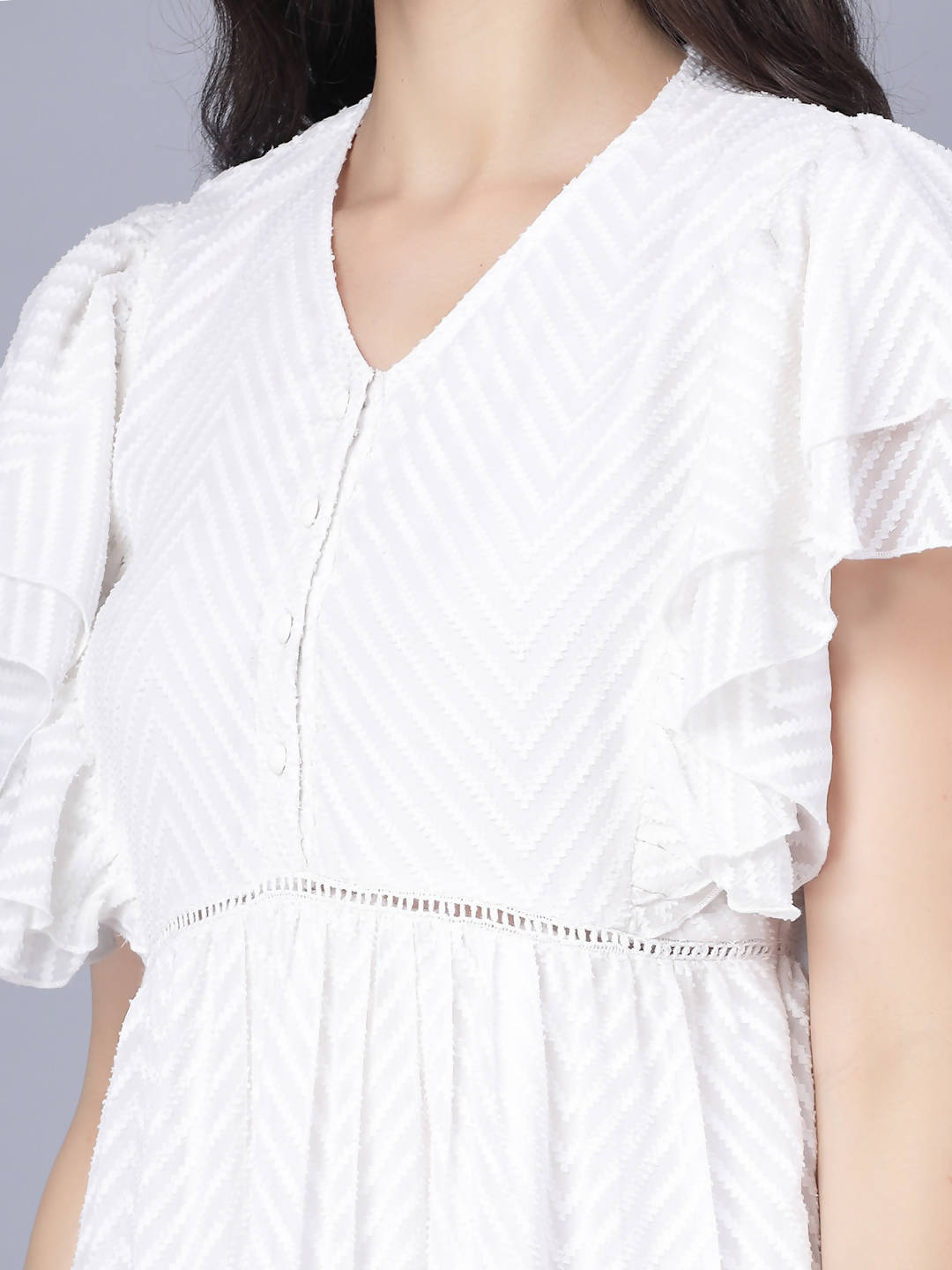 Myshka Georgette Solid Short Sleeve V Neck White Women Dress | Grocsy