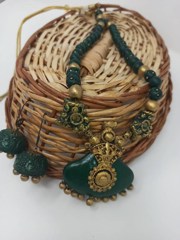 Terracotta Dark Green Crown Pendant Long Necklace Set Paired with Hanging Temple Jhumkas | Grocsy