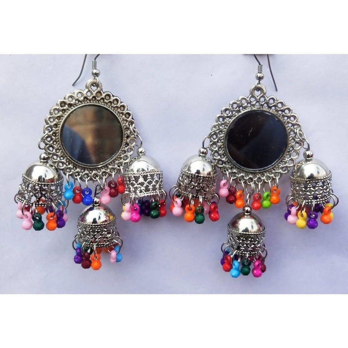 MS Fashion India Sun Design Mirror Silver Oxidized Triple Jhumka With Pearls Hanging Afghani Earrings | Grocsy
