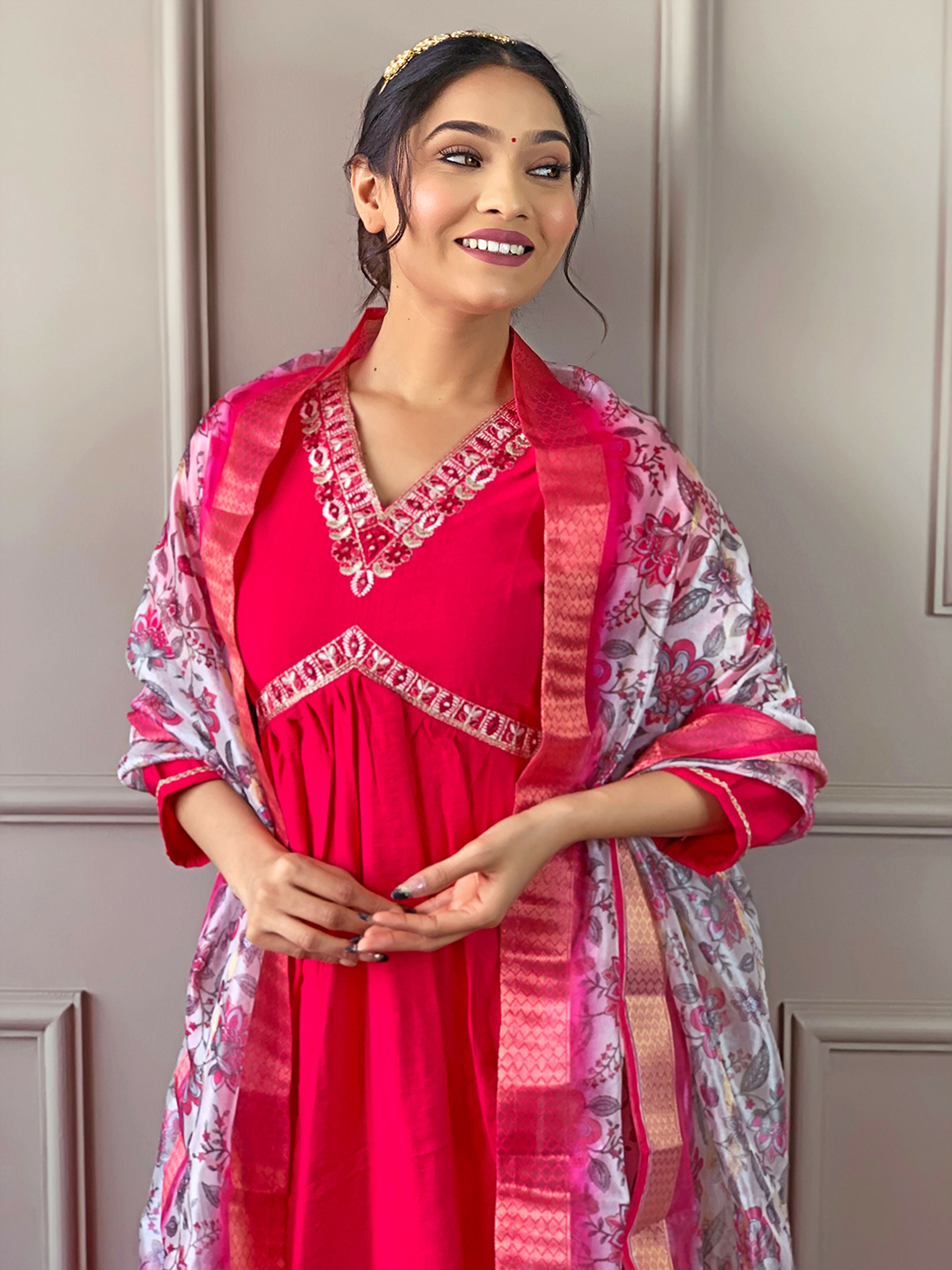 Partywear Designer Viscose Chanderi Red Stitched Suit With Dupatta - Anbazaar | Grocsy
