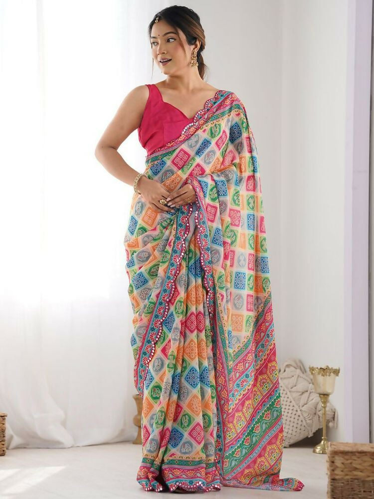 PR Fashion Multi Georgette Digital Print With Mirror Work Saree | Grocsy