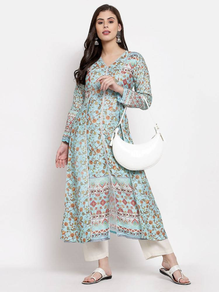 Myshka Women's Multi Cotton Printed Full Sleeve V Neck Casual Kurta | Grocsy