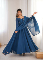 The52 Women's Gorgeous Solid Fox Blooming Georgette Fabric Flared Anarkali and Dupatta Set | Grocsy