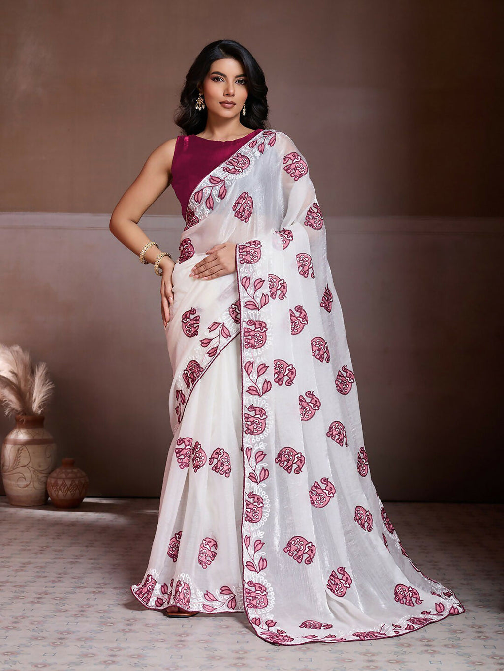 Teeya Creation Womens New Fancy Trending Party Wear Fendy Chiffon Saree-White | Grocsy