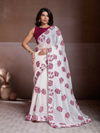 Teeya Creation Womens New Fancy Trending Party Wear Fendy Chiffon Saree-White | Grocsy