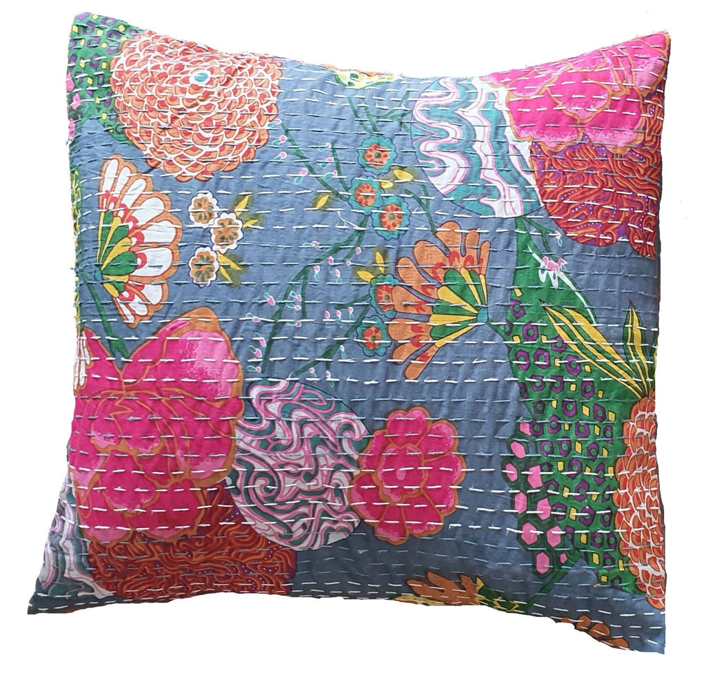 The Decor Nook Grey Base With Multicolour Flowers Print Cushion Cover | Grocsy
