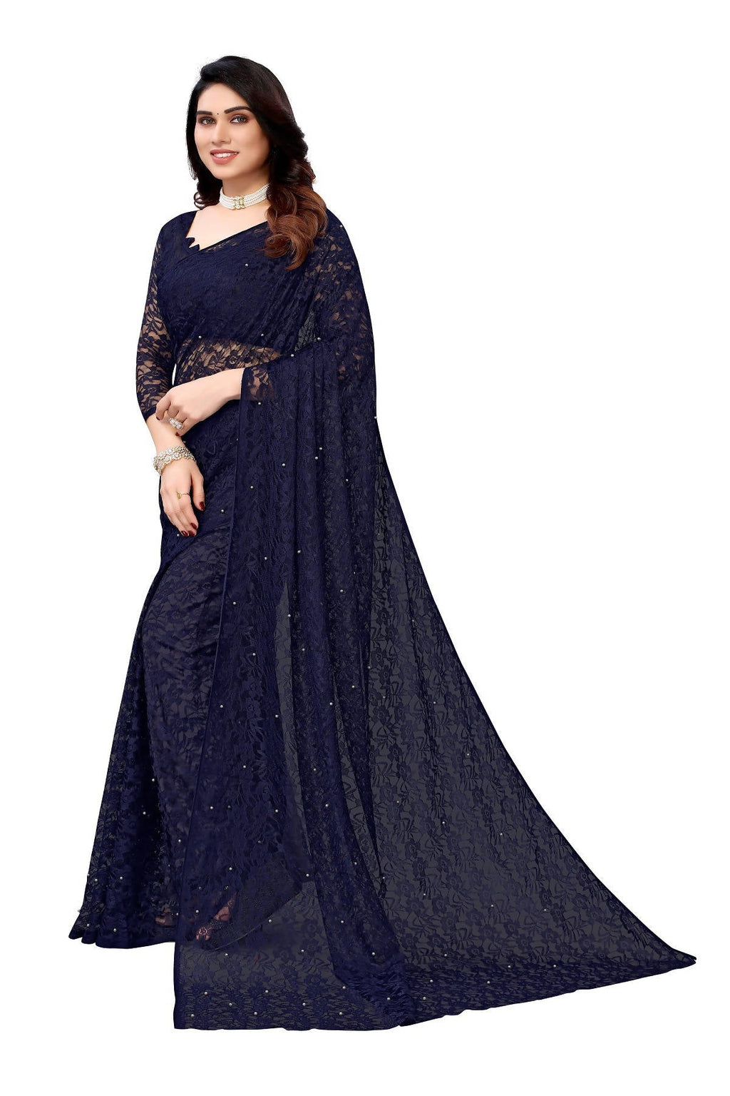 Vamika Ethnic Fire Navy Pearls Net Saree | Grocsy