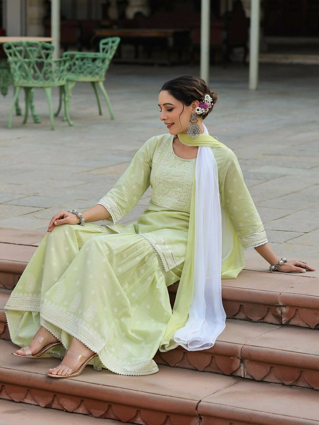 Juniper Women's Lime Green Cambric Floral Print Kurta Sharara Sets | Grocsy