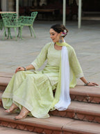 Juniper Women's Lime Green Cambric Floral Print Kurta Sharara Sets | Grocsy