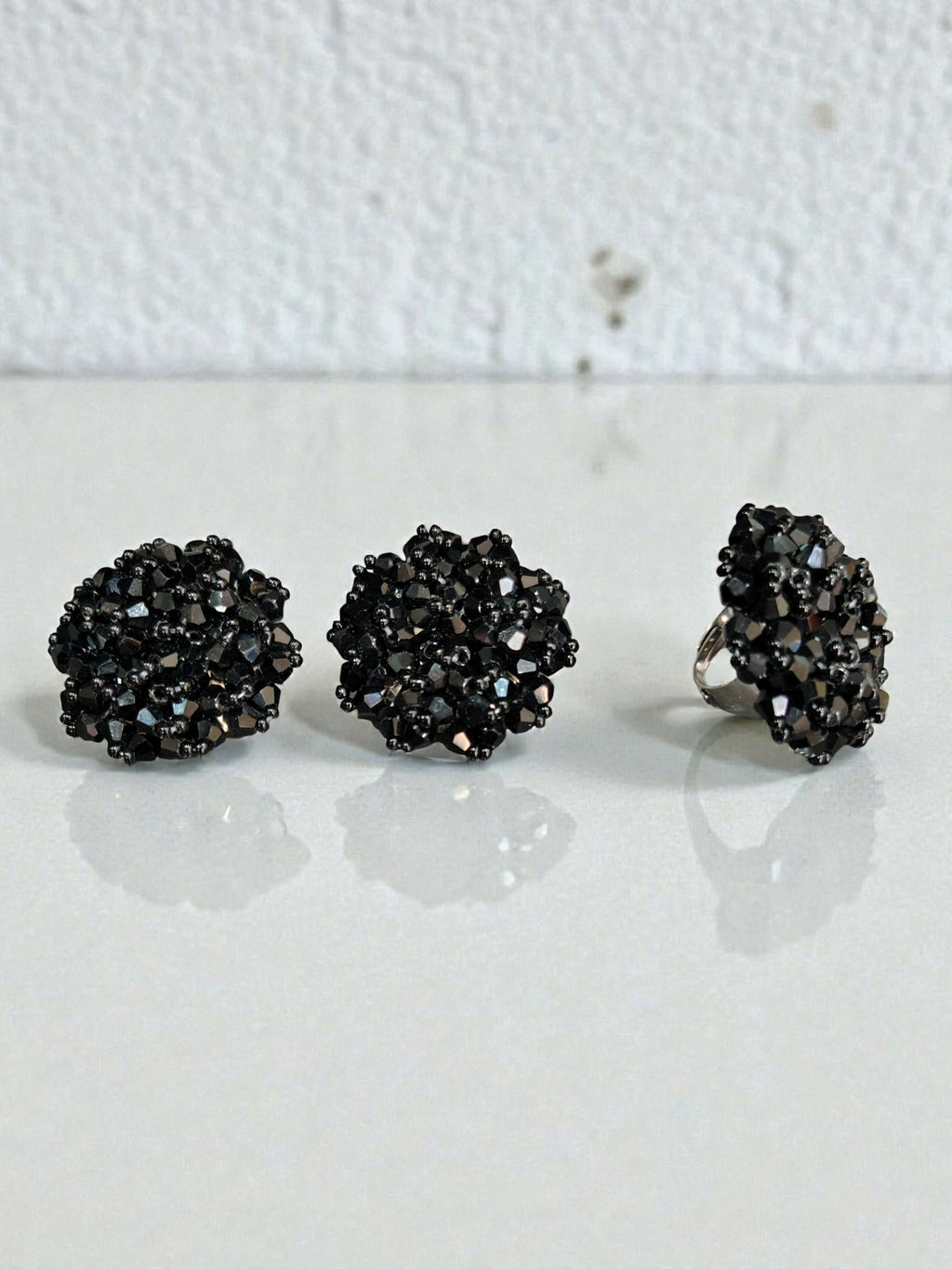 Inhanns Rangmani Crystal Duo – Adjustable Ring + Statement Earrings Set - Black | Grocsy