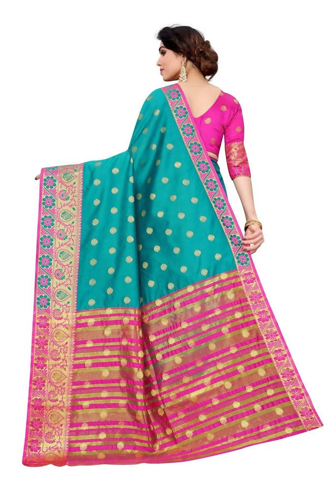 Vamika Cotton Rich Silk With Jacquard Weaving Rama Green Saree | Grocsy