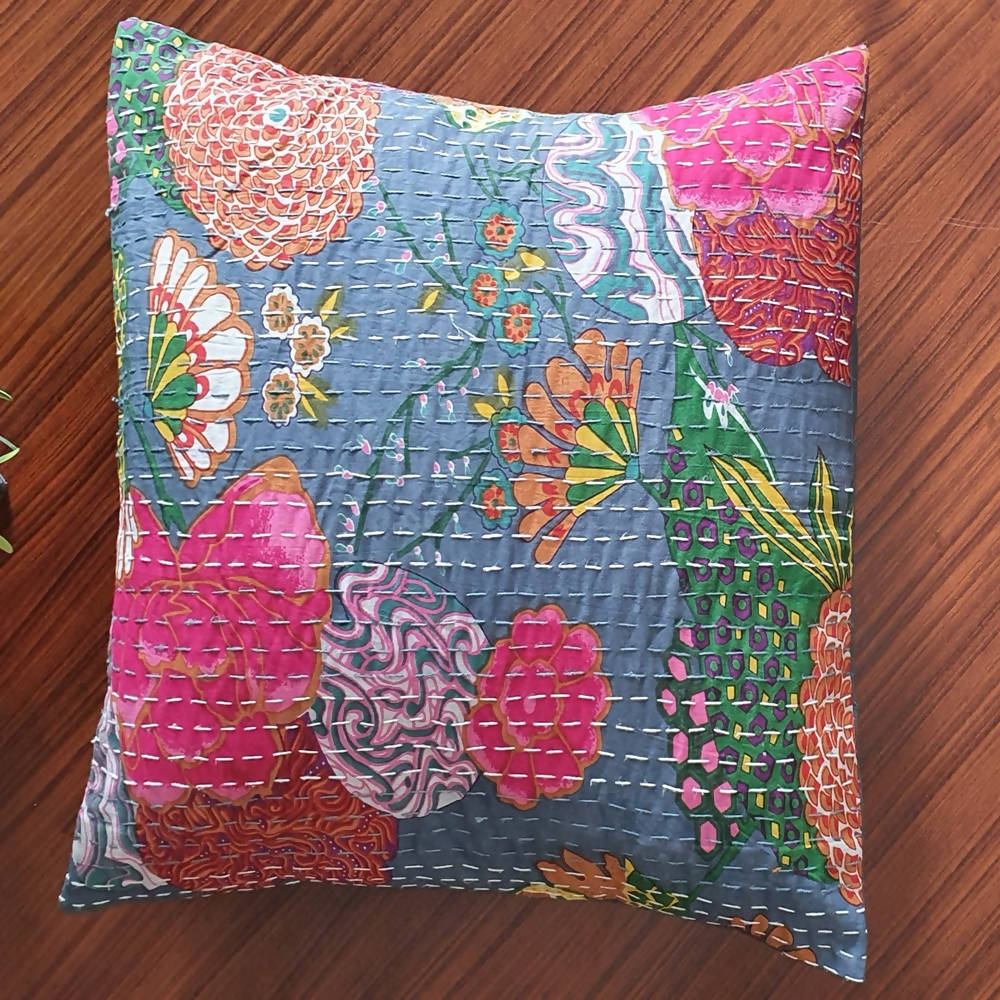 The Decor Nook Grey Base With Multicolour Flowers Print Cushion Cover | Grocsy