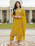 Anaita Mustard Cotton Stitched Suit with Embroidery Viscose Multi Thread Work | Grocsy