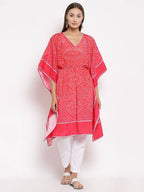 Myshka Women's Pink Cotton Printed 3/4 Sleeve V Neck Casual Kaftan | Grocsy