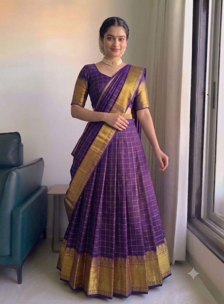Teeya Creation Elegant Wine Red Checkered Silk Lehenga Choli with Traditional Zari Work | Grocsy