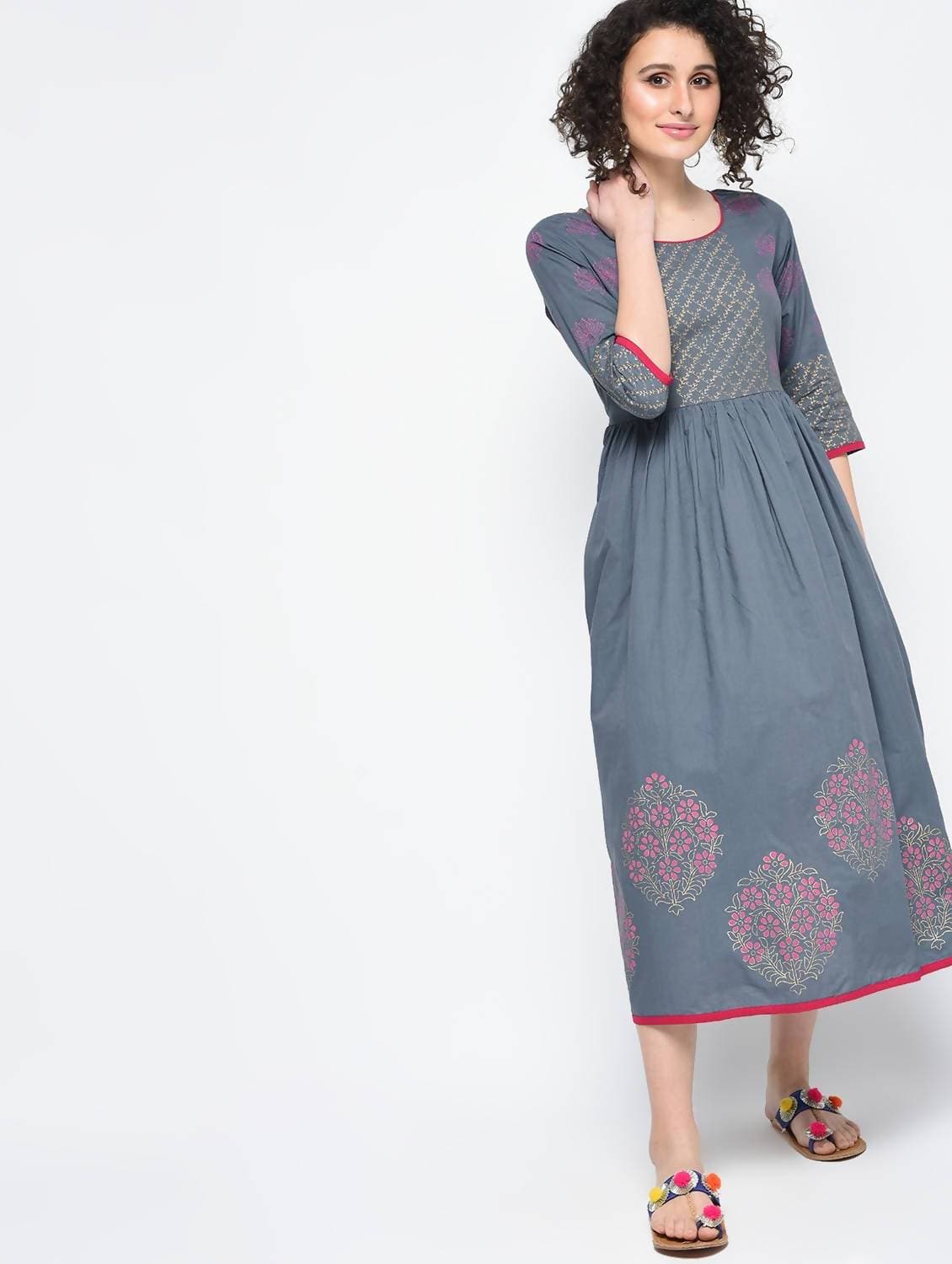 Cheera Hand Block Print Gray Color Anarkali Kurta | Grocsy