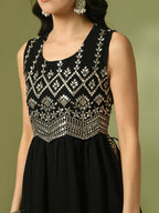 Myshka Women's Black Embroidered Georgette Anarkali Party Kurta Set | Grocsy