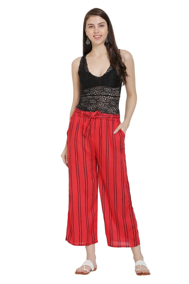 Asmaani Red Color Rayon Fabric Stripped Palazzo | Grocsy