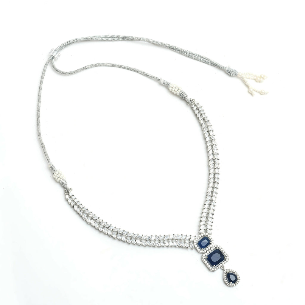 Mominos Fashion Johar Kamal Silver-Plated American Diamond Navy Blue Choker Set | Grocsy