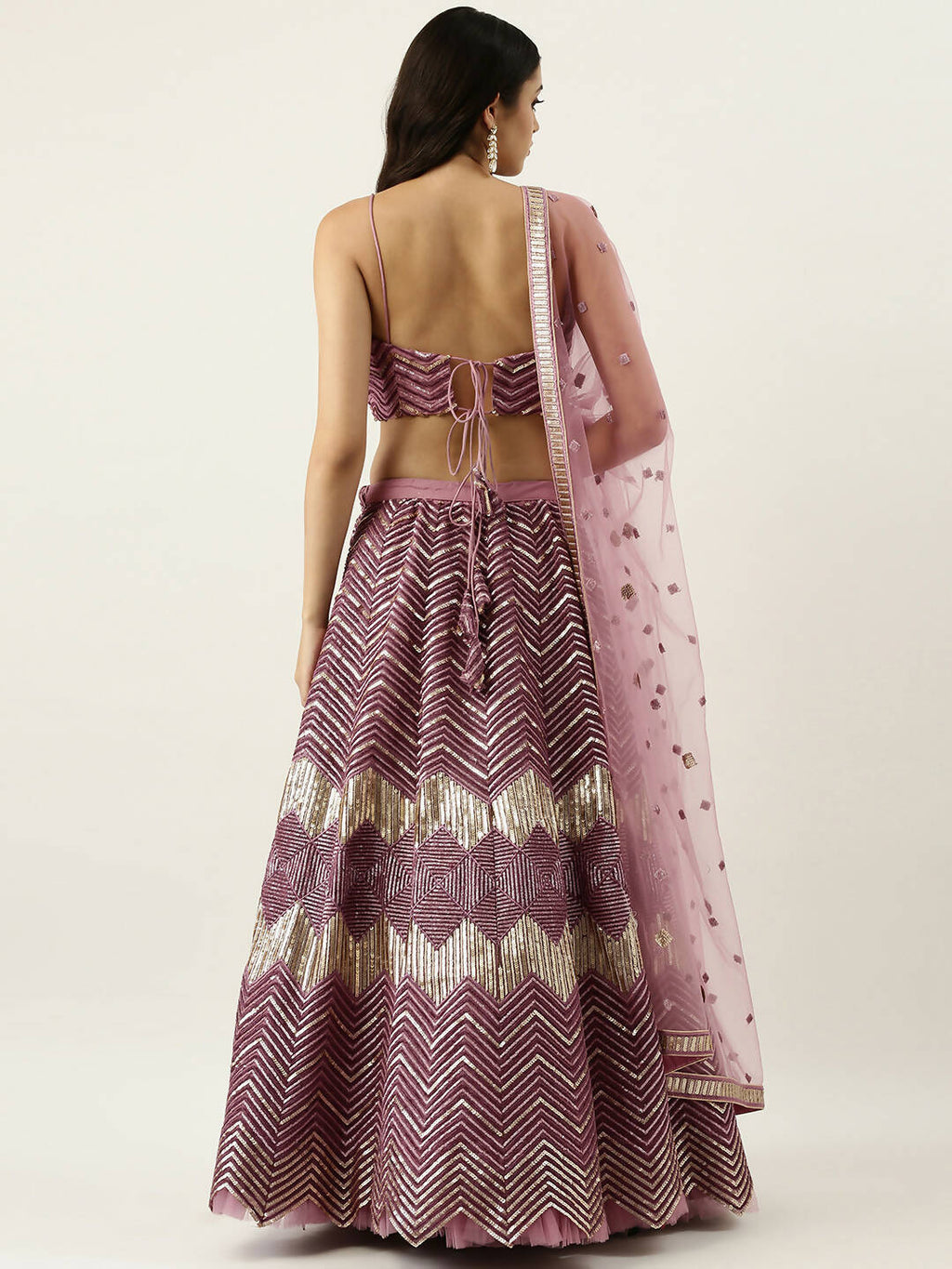 House of Panchhi Lavender - Net Embroidered Lehenga with Zig-Zag Pattern | Grocsy