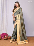 Olive Tusser Silk Resham Cord And Sequins Embroidery Handwork Butta Saree - Norita Saumya | Grocsy