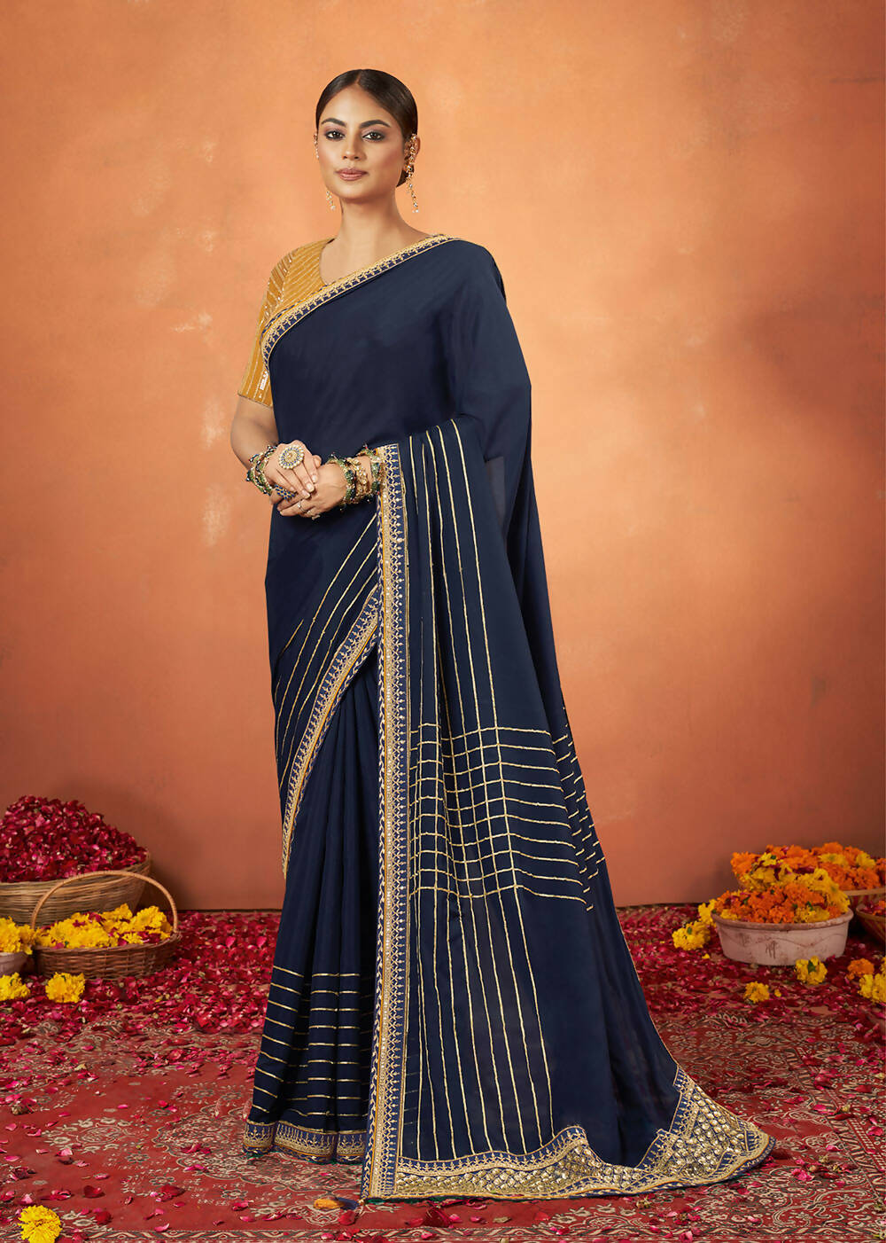 Blue Crepe Silk Woven Design Saree With Unstitched Blouse Piece - Norita Royal Pradha | Grocsy