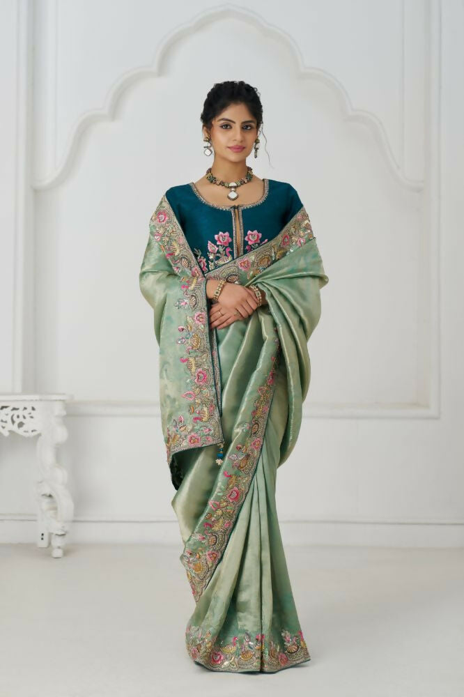 Kesar Fab Trending Reception Green Color With Multi-Thread Embroidery Saree | Grocsy