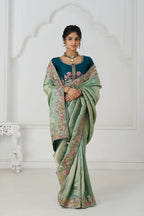 Kesar Fab Trending Reception Green Color With Multi-Thread Embroidery Saree | Grocsy