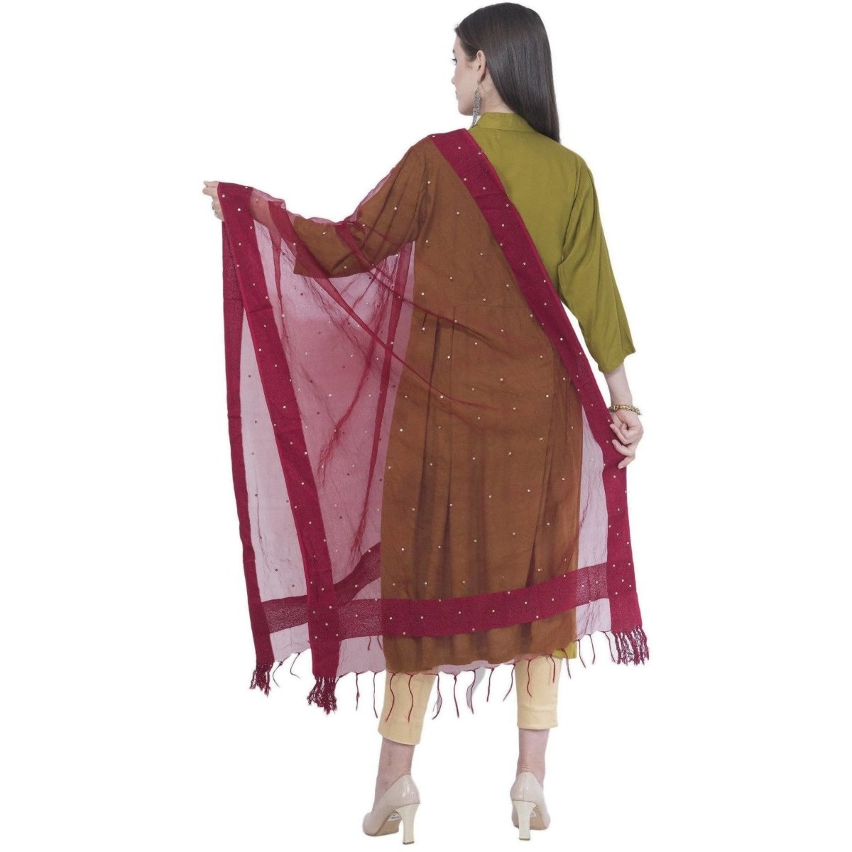 A R Silk Women's Stone Work Orgenza Cotton Mehroon Dupattas and Chunnis | Grocsy