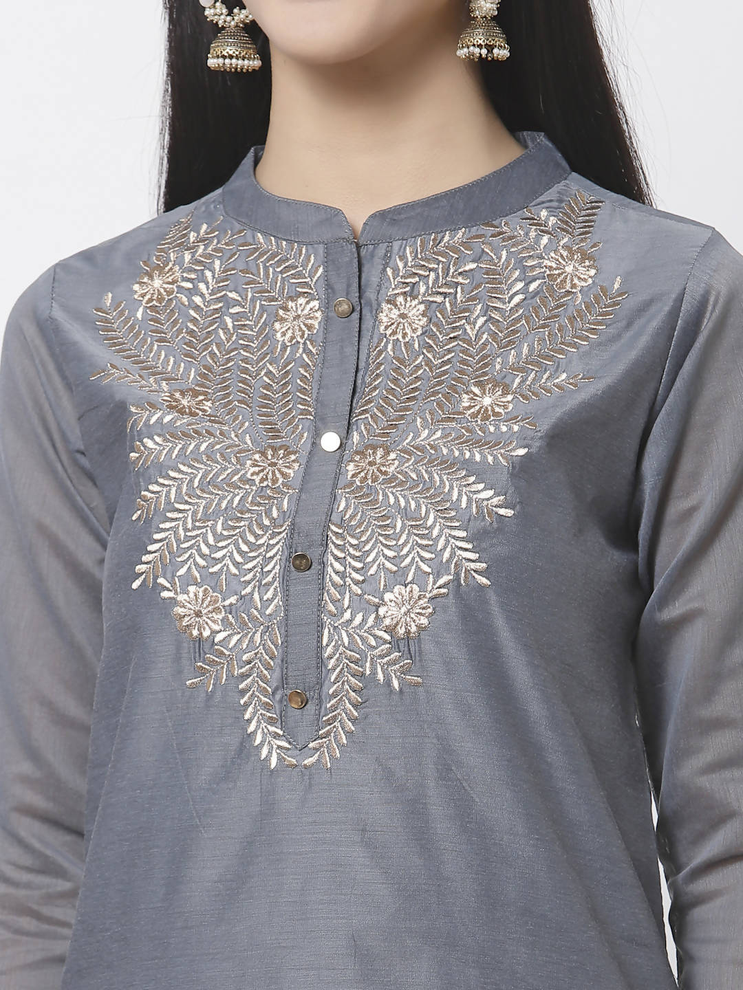Myshka Women Grey Chanderi Embroidered 3/4 Sleeve Round Neck Kurta | Grocsy