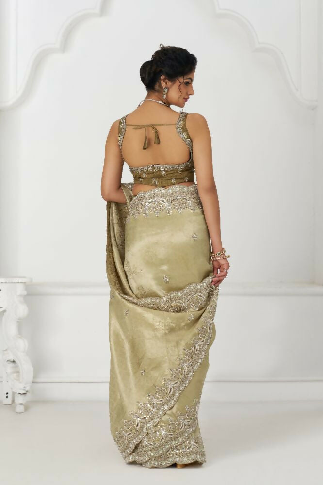 Kesar Fab Latest Chiku/ Champagne Pure Dola Viscouse Silk With Sequins And Beads Embroidery For Festivals Saree | Grocsy