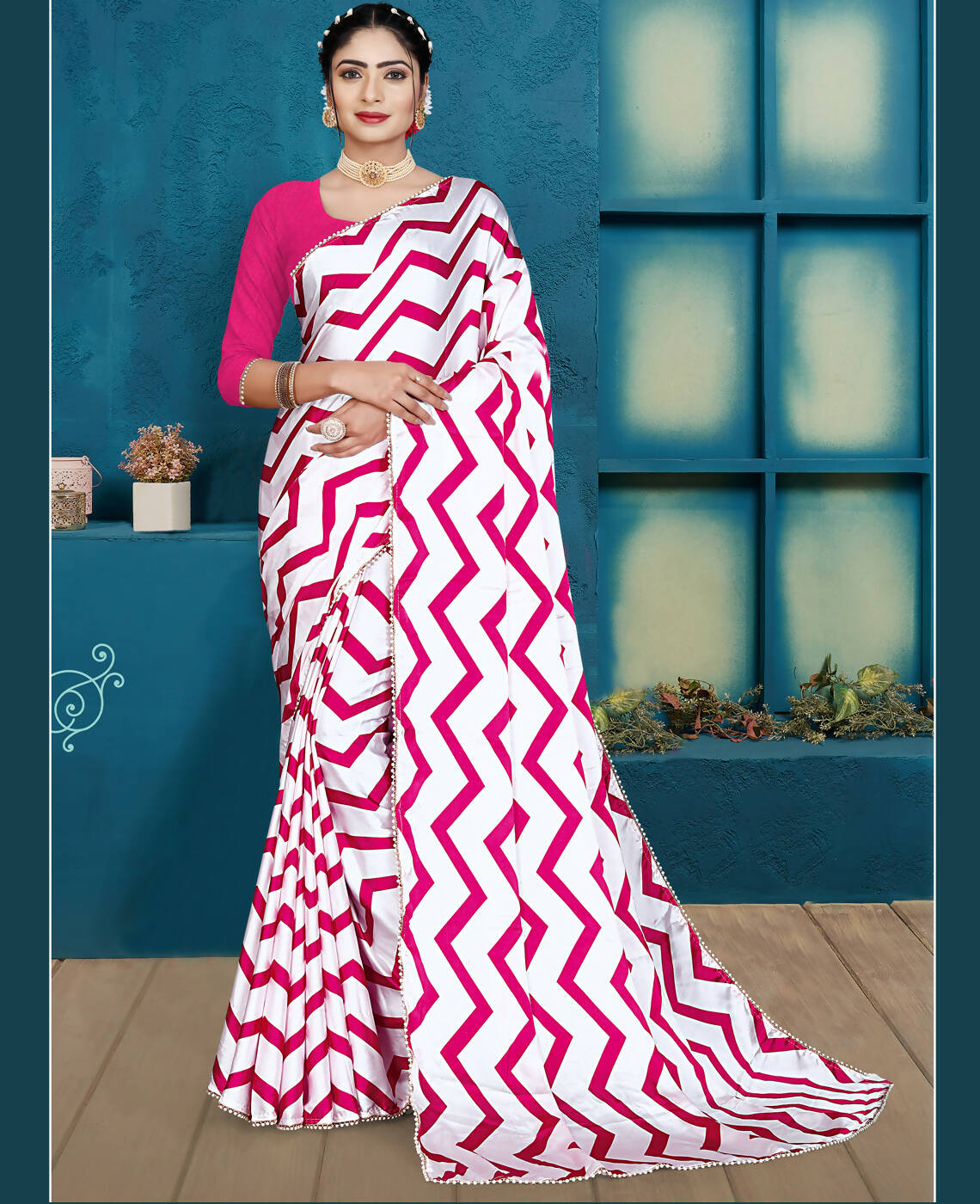 Pink Japan Satin Stripe Printed Saree With Unstitched Blouse Piece - Laavanya | Grocsy