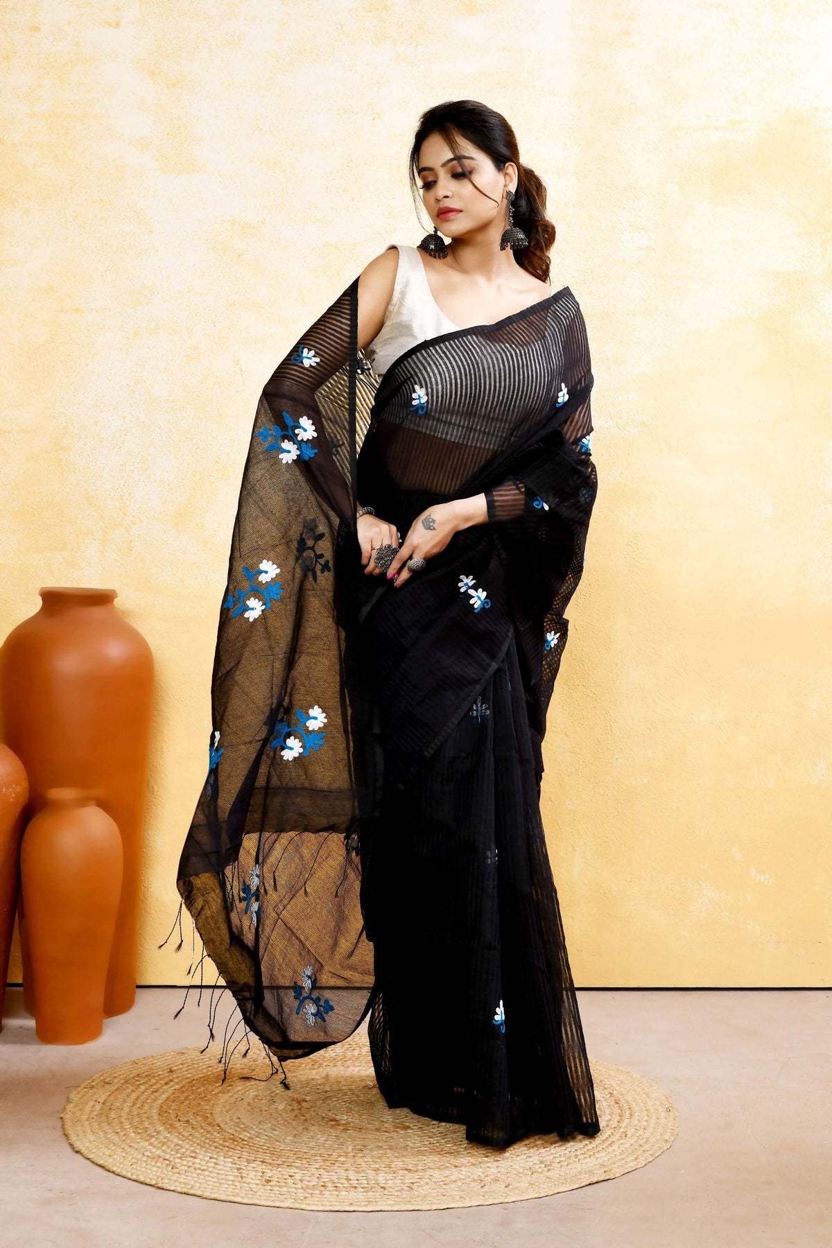 Piyari Fashion Women's Black Embellished Cotton Blend Embroidery Saree | Grocsy