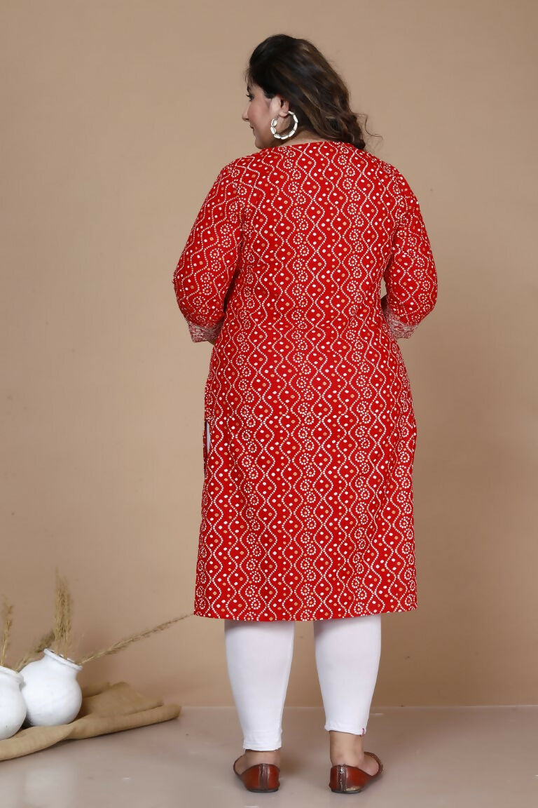Miravan Women's Plus Size Festive Wear Red Bandhani Printed Straight Kurta | Grocsy
