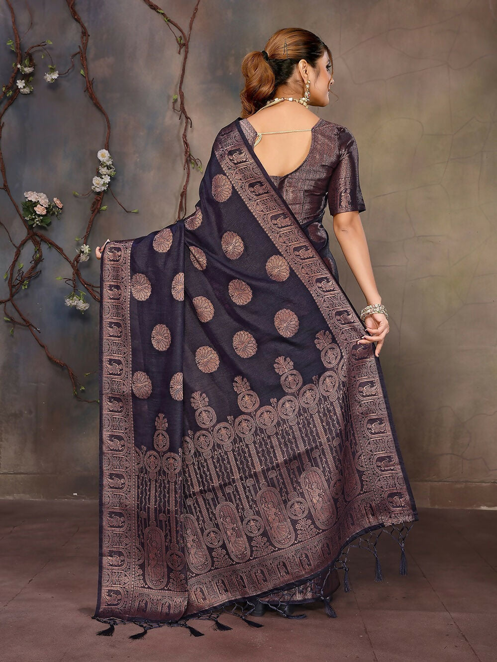 Joban Fashion Navy Blue Woven Jacquard Banarasi Silk Sarees | Grocsy
