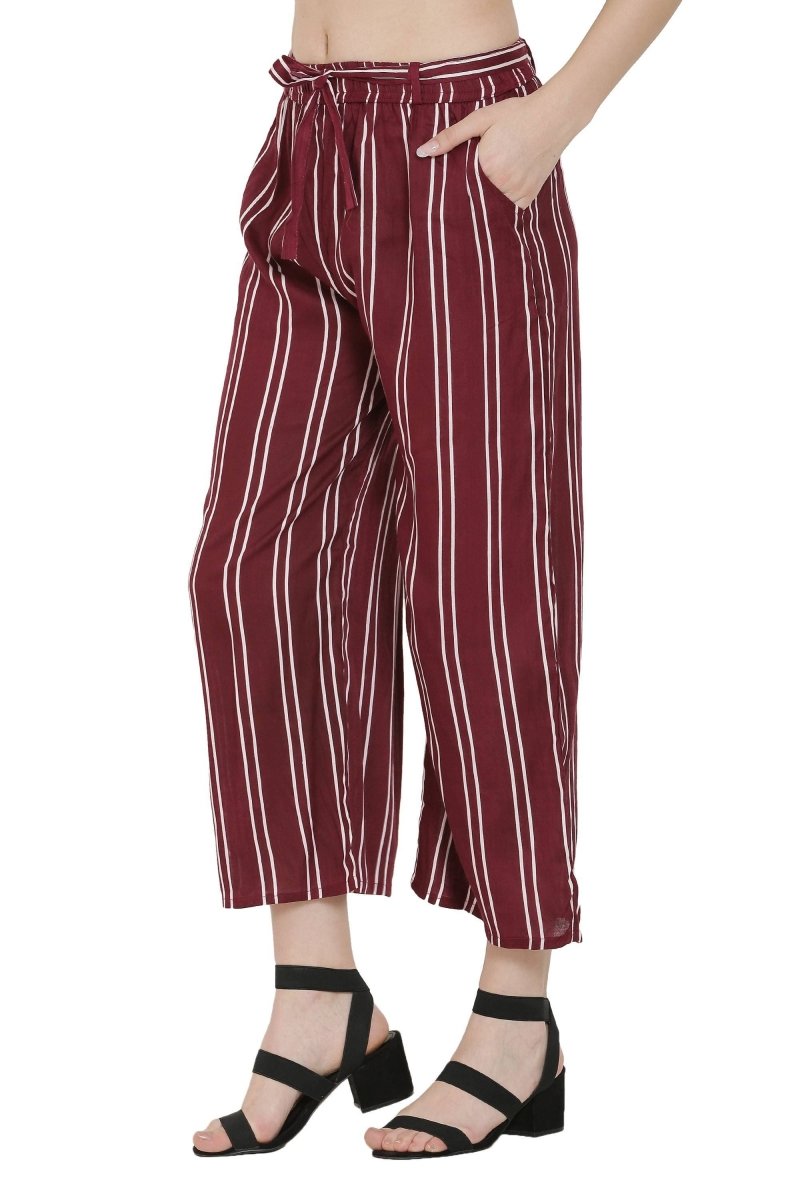 Asmaani Maroon Color Rayon Fabric Stripped Palazzo | Grocsy