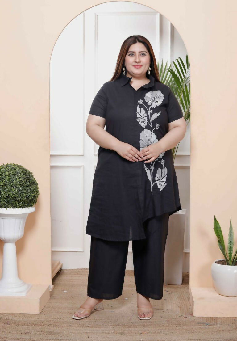 Miravan Women's Plus Size Black Pure Cotton Floral Embroidered High Low Co-Ord Set | Grocsy