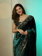 Joban Fashion Green Viscose Velvet Party Wear Sarees | Grocsy