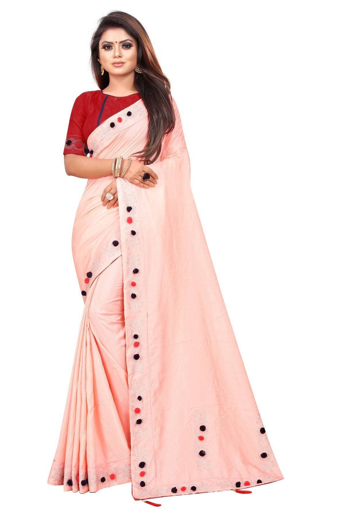 Vamika Peach Sana Silk Diamond And Pom Pom Saree | Grocsy