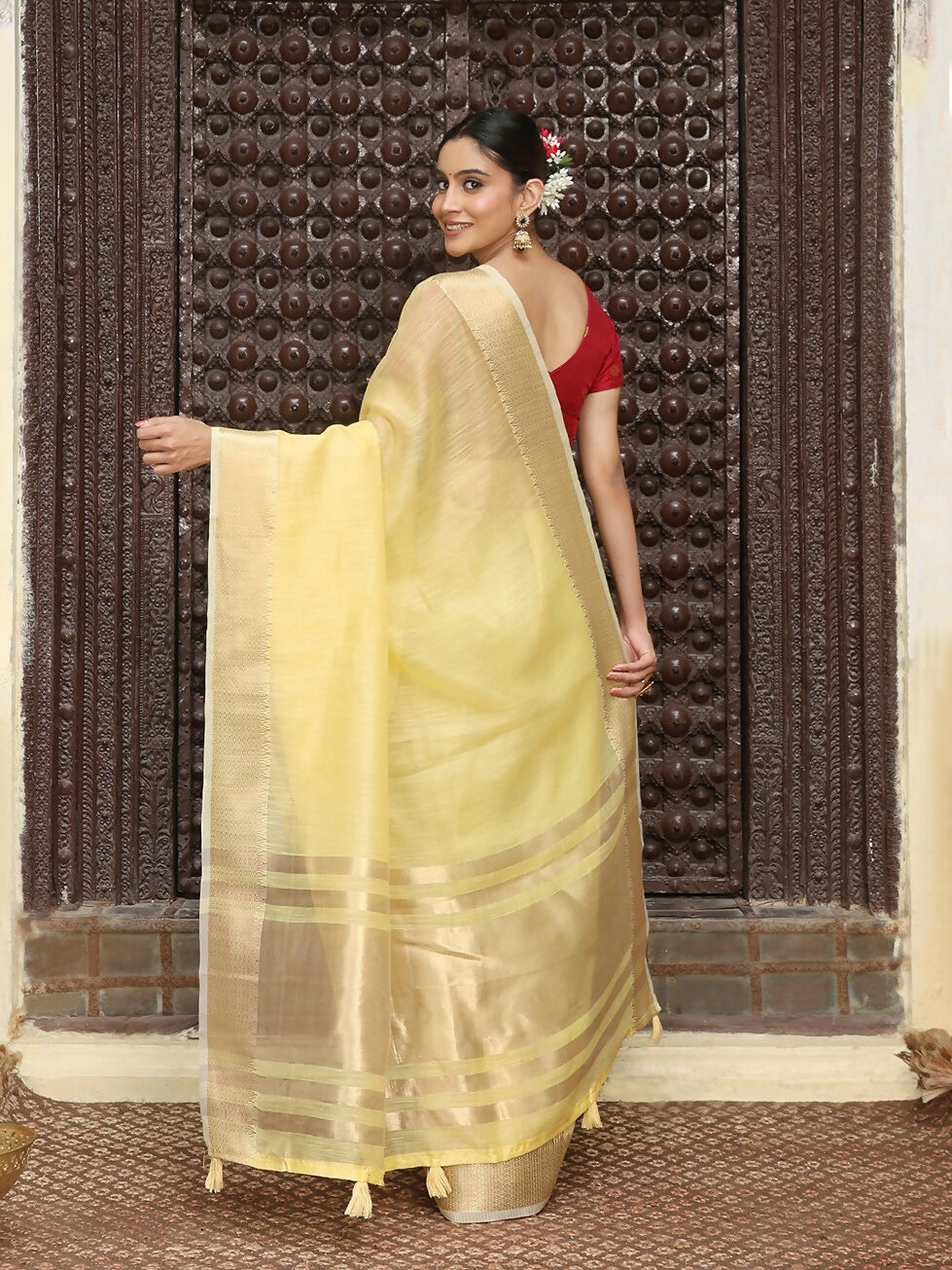 Shree Shyam Fashion Yellow Cotton Saree | Grocsy