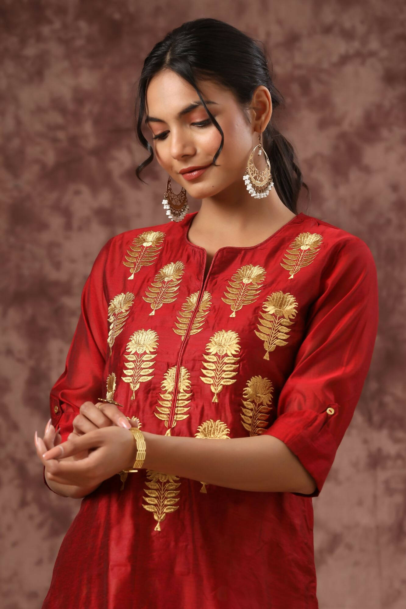 Juniper Women Maroon Chanderi Silk Embroidered & Printed Layered Dress | Grocsy