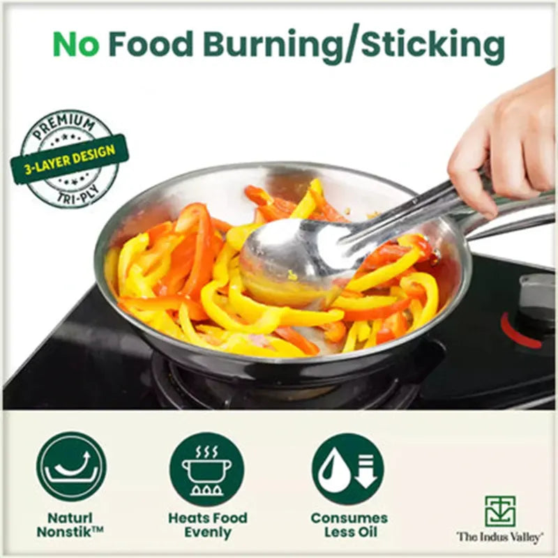 The Indus Valley TurboCuk Tri-ply Stainless Steel Cookware Set: 3L Kadai with Lid + 1.4L Fry Pan, Premium Quality, 3 Layer Thick Body, 100% Toxin-free, Non-stick, Induction & Gas | Grocsy