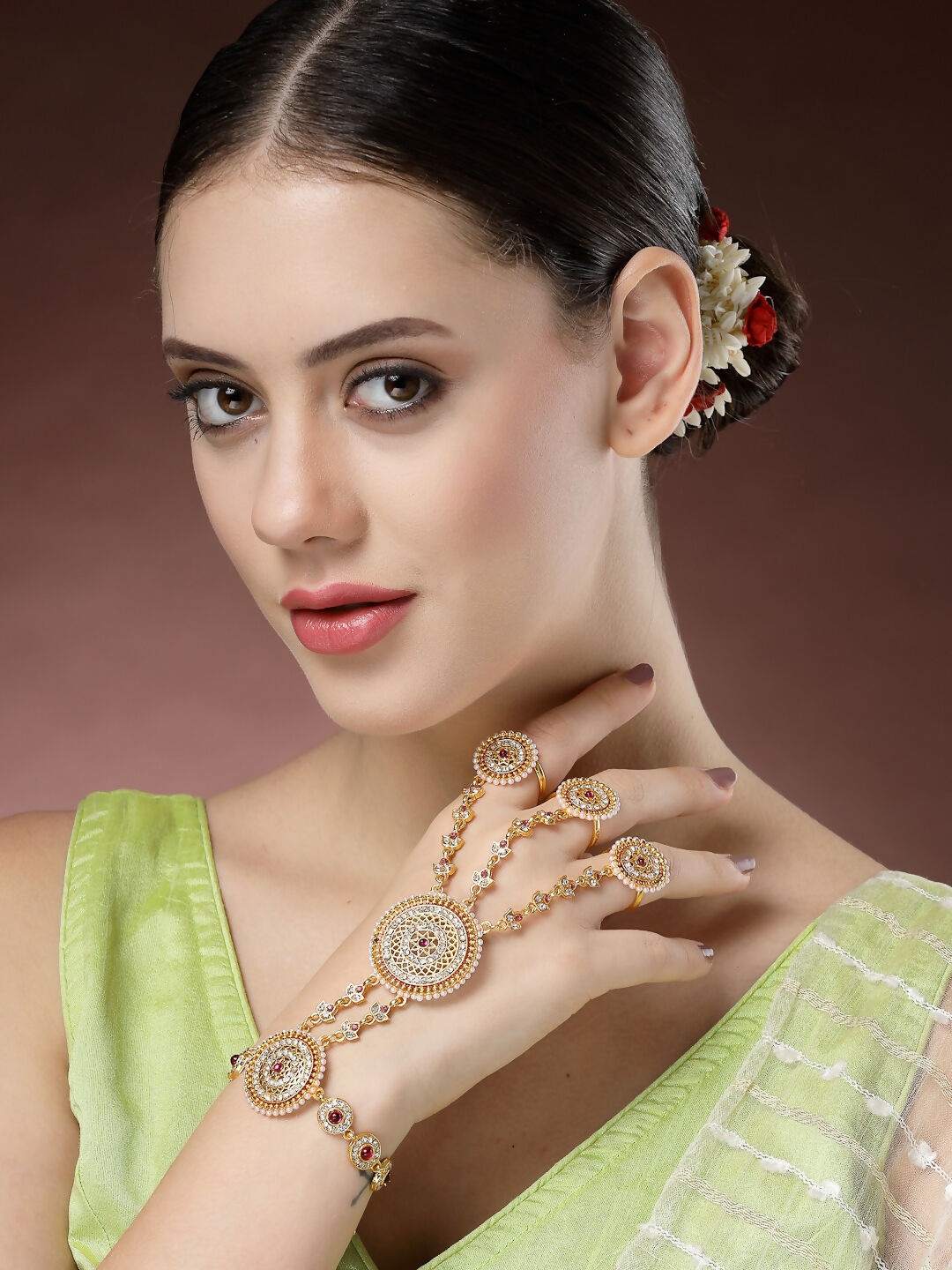 NVR Women's Gold-Polished CZ Stone-Studded Handcrafted Ring Bracelet | Grocsy