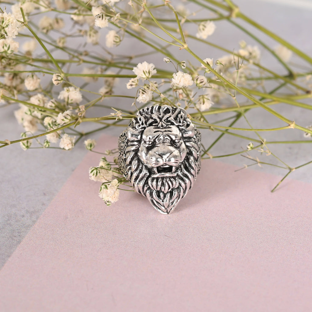 NVR Men Silver-Plated Lion Face Finger Ring | Grocsy