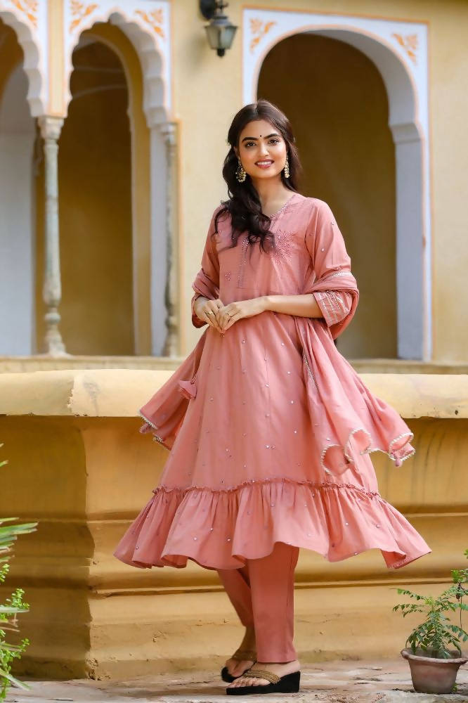 Yufta Women's Pink Tiered Embroidered Kurta with Trouser and Dupatta | Grocsy