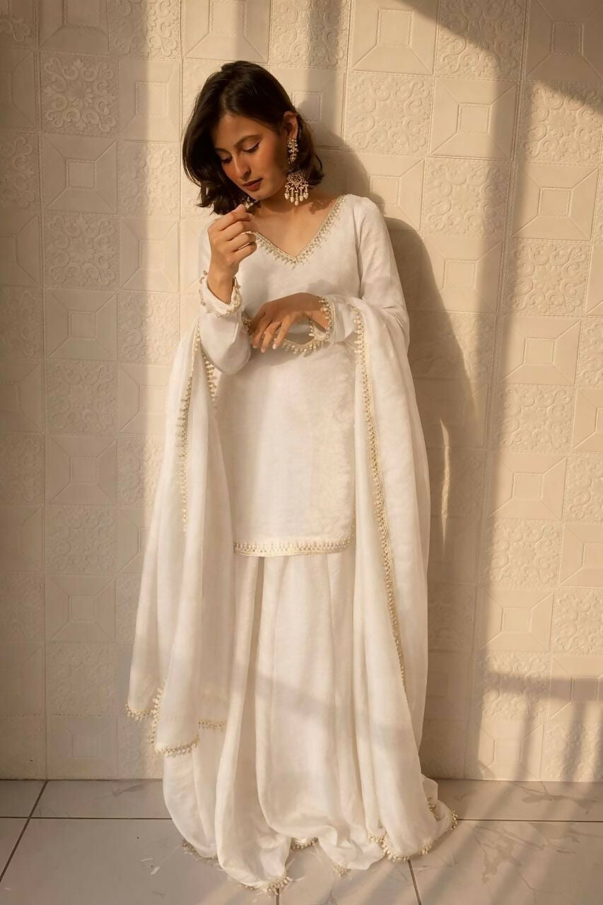 Teeya Creation Womens New Trending Less and Mirror Work Kurta Palazzo Set - White | Grocsy