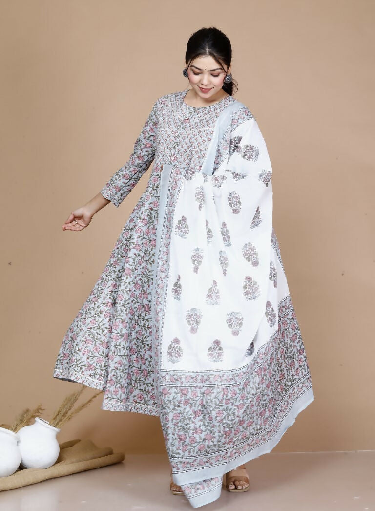 Miravan Women's Blue Printed With Gota Patti Work Anarkali Kurta With Dupatta | Grocsy