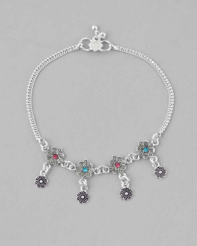 VOJ Set of 2 Silver Plated Flower Shaped Meenakari Anklet | Grocsy