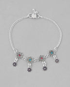 VOJ Set of 2 Silver Plated Flower Shaped Meenakari Anklet | Grocsy