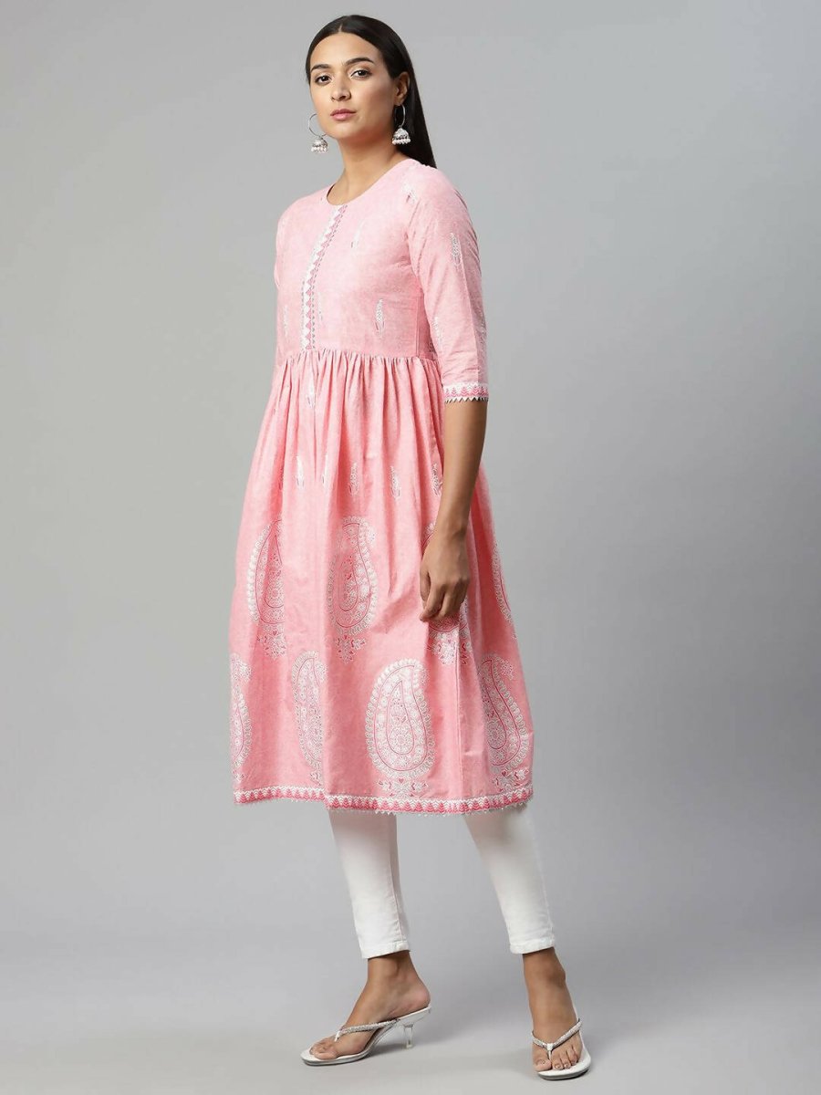 Ahalyaa Womens Pink Pure Cotton Printed Kurtas | Grocsy